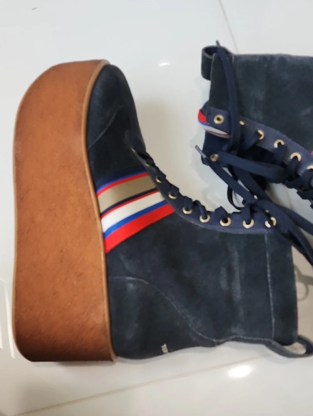 Tory Burch Navy Suede Platform Lace-Up Boots with Tricolor Ribbon Accent